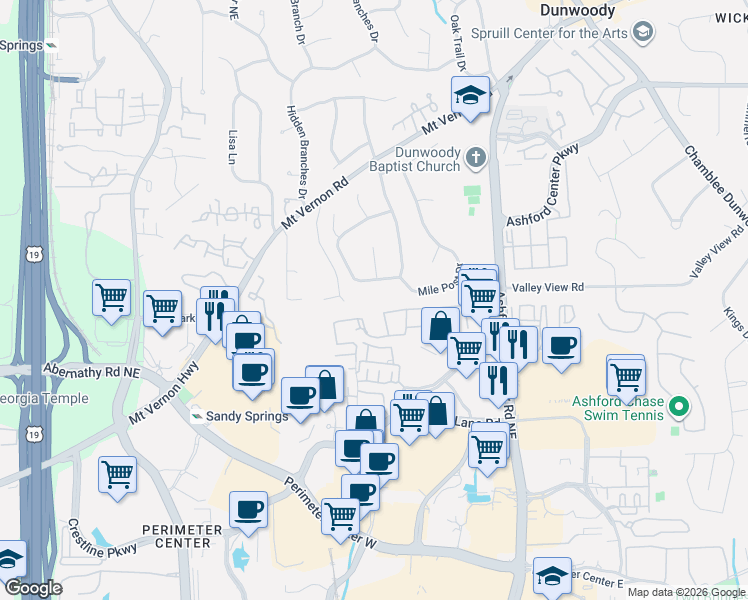 map of restaurants, bars, coffee shops, grocery stores, and more near 4715 Ridgeview Road in Dunwoody