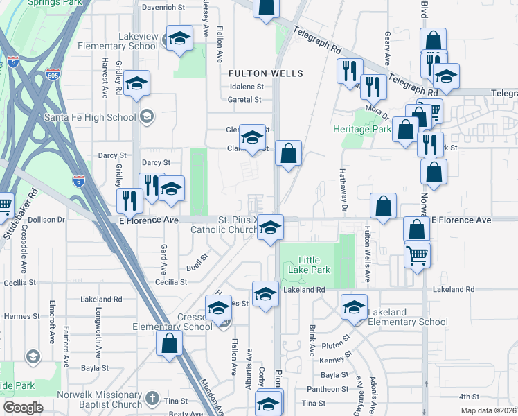 map of restaurants, bars, coffee shops, grocery stores, and more near 11753 Florence Avenue in Santa Fe Springs