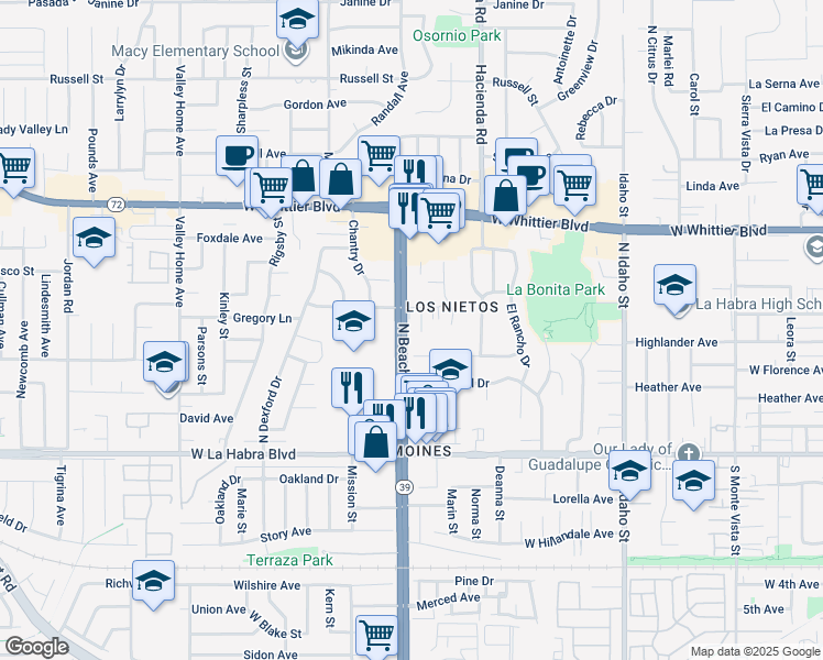 map of restaurants, bars, coffee shops, grocery stores, and more near 511 La Cadena Way in La Habra