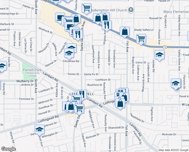 map of restaurants, bars, coffee shops, grocery stores, and more near 15902 Santa Fe Street in Whittier