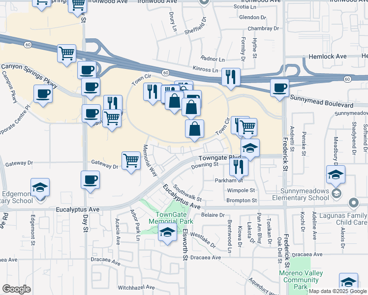 map of restaurants, bars, coffee shops, grocery stores, and more near 12658 Memorial Way in Moreno Valley