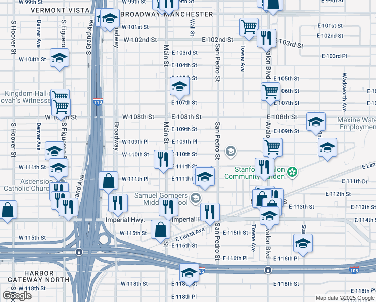 map of restaurants, bars, coffee shops, grocery stores, and more near 153 East 110th Street in Los Angeles