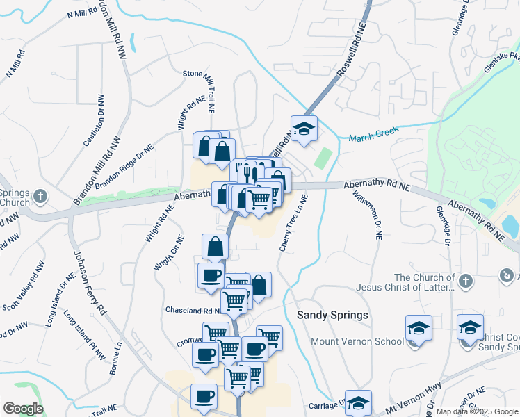 map of restaurants, bars, coffee shops, grocery stores, and more near 6633 Roswell Road Northeast in Sandy Springs