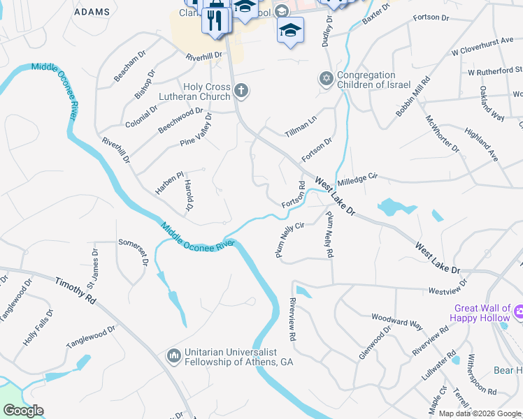 map of restaurants, bars, coffee shops, grocery stores, and more near 555 Fortson Road in Athens