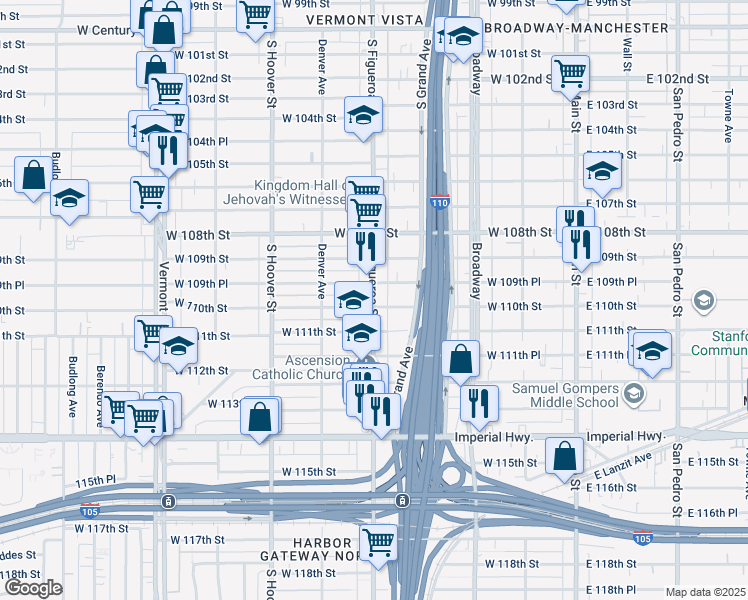 map of restaurants, bars, coffee shops, grocery stores, and more near 10970 South Figueroa Street in Los Angeles