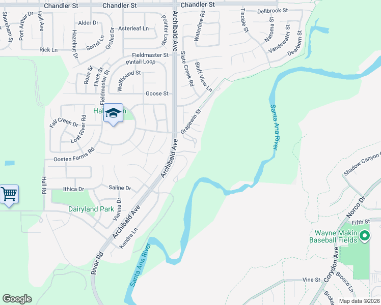 map of restaurants, bars, coffee shops, grocery stores, and more near 8330 Archibald Avenue in Eastvale