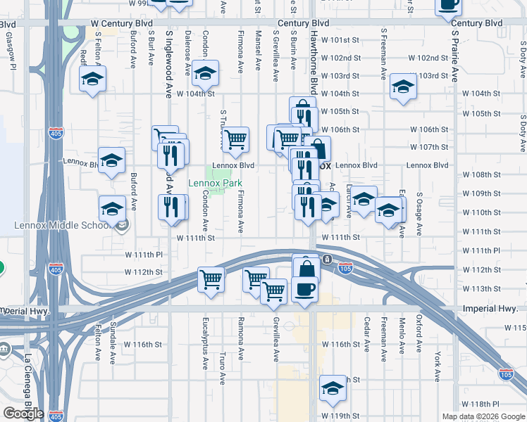 map of restaurants, bars, coffee shops, grocery stores, and more near 11006 Mansel Avenue in Inglewood