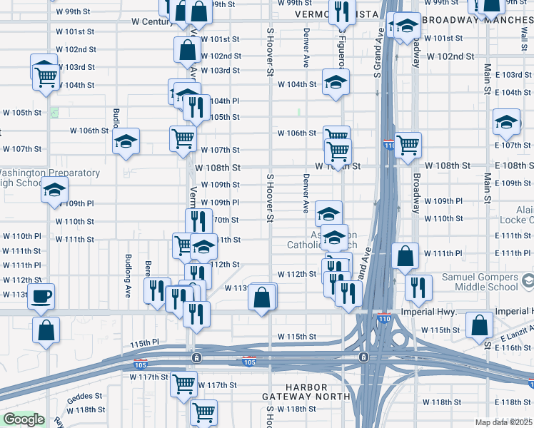 map of restaurants, bars, coffee shops, grocery stores, and more near 10969 South Hoover Street in Los Angeles