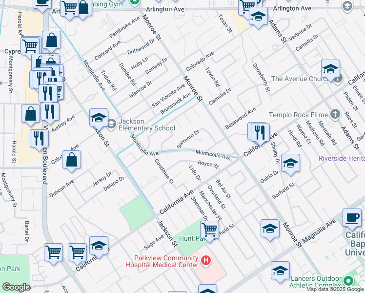map of restaurants, bars, coffee shops, grocery stores, and more near 4351 Monticello Avenue in Riverside