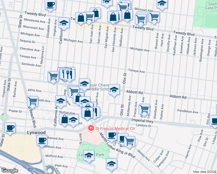 map of restaurants, bars, coffee shops, grocery stores, and more near 4025 Abbott Road in Lynwood
