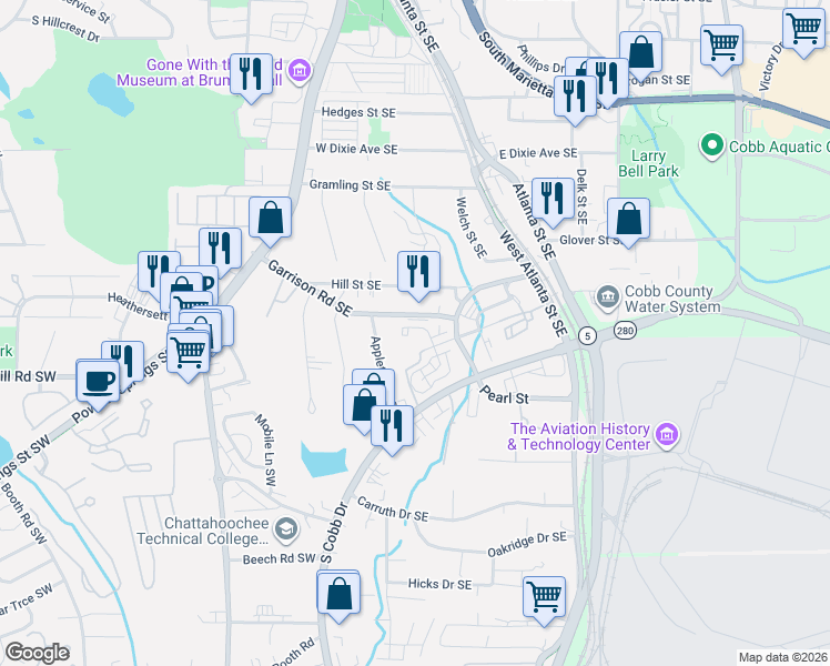 map of restaurants, bars, coffee shops, grocery stores, and more near 638 Pecan Knoll Drive in Marietta