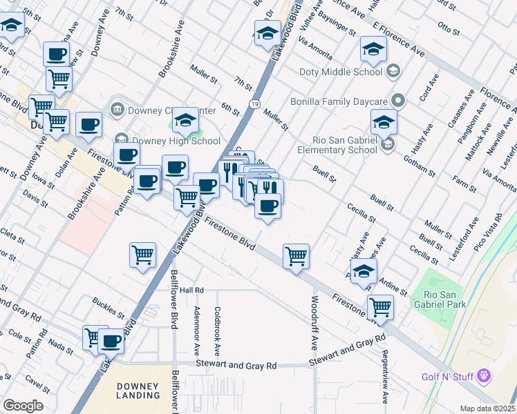 map of restaurants, bars, coffee shops, grocery stores, and more near 159 Stonewood Street in Downey