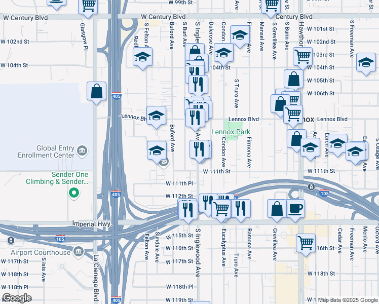 map of restaurants, bars, coffee shops, grocery stores, and more near 11002 South Burl Avenue in Inglewood