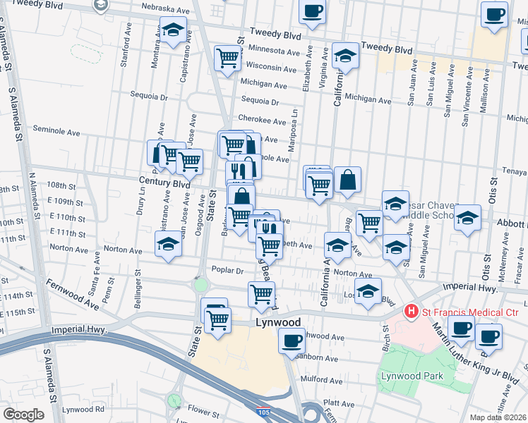 map of restaurants, bars, coffee shops, grocery stores, and more near 3329 Alma Avenue in Lynwood