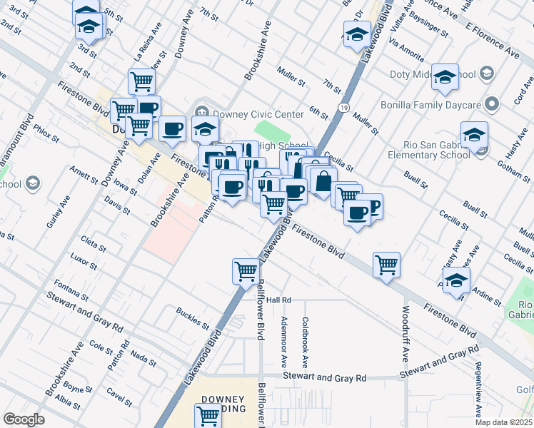map of restaurants, bars, coffee shops, grocery stores, and more near 8740 Firestone Boulevard in Downey