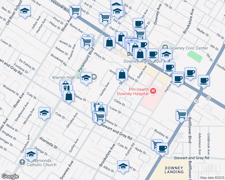 map of restaurants, bars, coffee shops, grocery stores, and more near 11628 Gurley Avenue in Downey