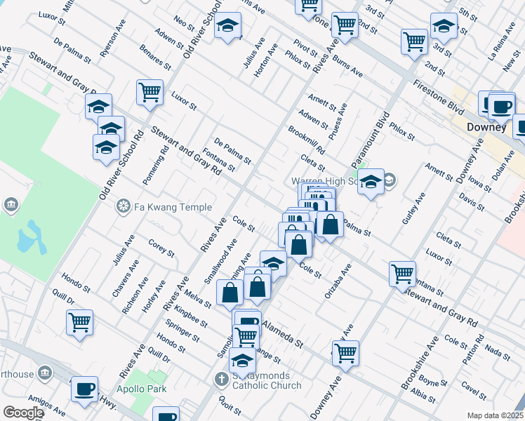 map of restaurants, bars, coffee shops, grocery stores, and more near 7830 Stewart and Gray Road in Downey