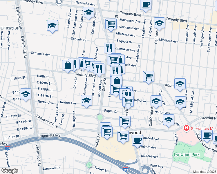 map of restaurants, bars, coffee shops, grocery stores, and more near 10731 Barlow Avenue in Lynwood