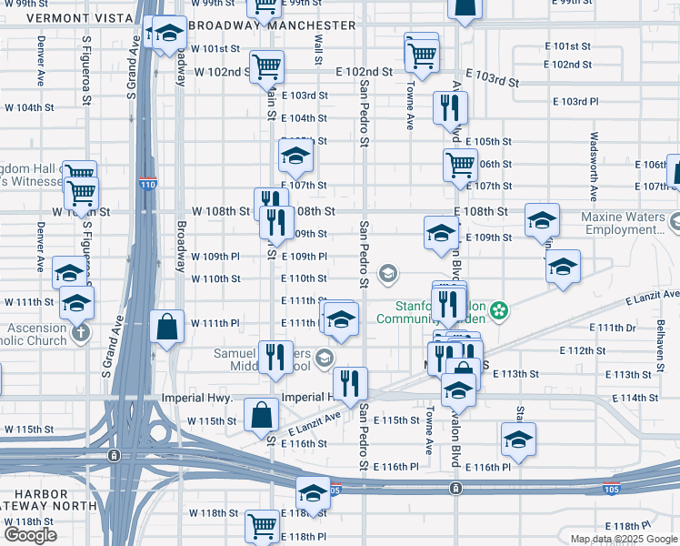 map of restaurants, bars, coffee shops, grocery stores, and more near 235 East 110th Street in Los Angeles