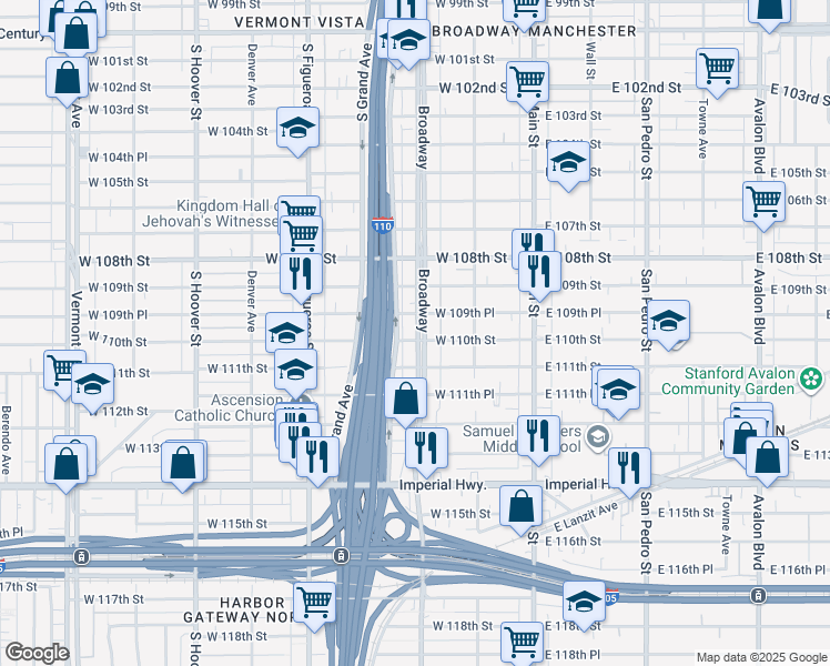 map of restaurants, bars, coffee shops, grocery stores, and more near 10964 South Broadway in Los Angeles