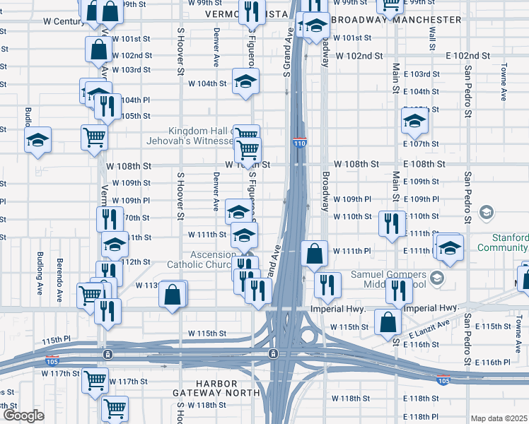 map of restaurants, bars, coffee shops, grocery stores, and more near 10958 South Figueroa Street in Los Angeles