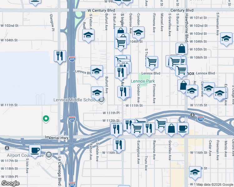 map of restaurants, bars, coffee shops, grocery stores, and more near 11002 South Burl Avenue in Inglewood
