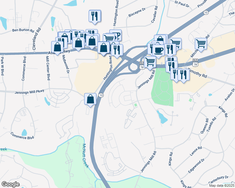 map of restaurants, bars, coffee shops, grocery stores, and more near 244 Westpark Drive in Athens