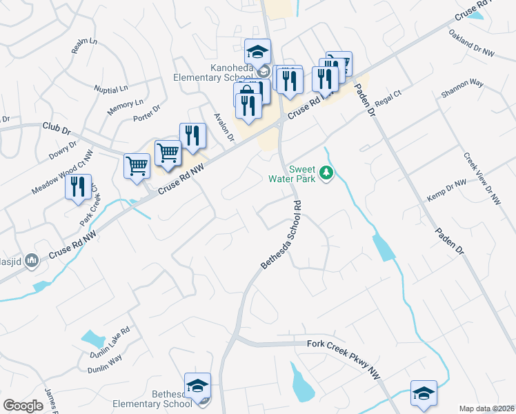 map of restaurants, bars, coffee shops, grocery stores, and more near 2675 Barkley Manor Lane in Lawrenceville