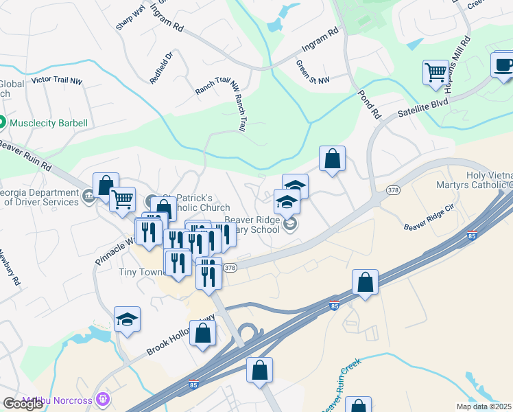 map of restaurants, bars, coffee shops, grocery stores, and more near 100 Castor Drive in Norcross