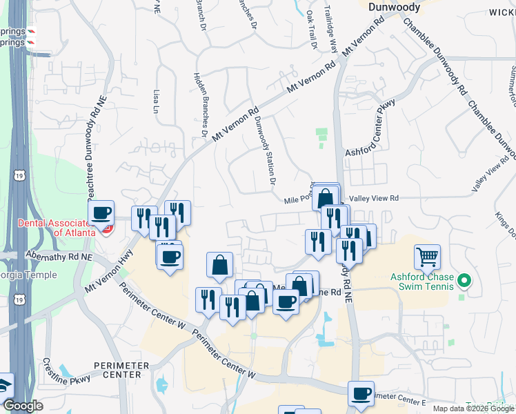 map of restaurants, bars, coffee shops, grocery stores, and more near 4715 Ridgeview Road in Dunwoody