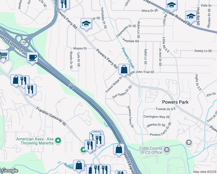 map of restaurants, bars, coffee shops, grocery stores, and more near 668 Forest Ridge Drive in Marietta