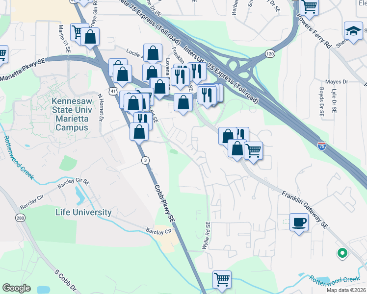map of restaurants, bars, coffee shops, grocery stores, and more near 701 Augusta Drive in Marietta