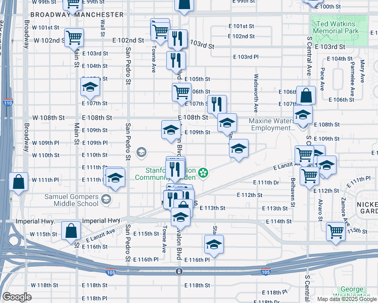 map of restaurants, bars, coffee shops, grocery stores, and more near 619 East 110th Street in Los Angeles
