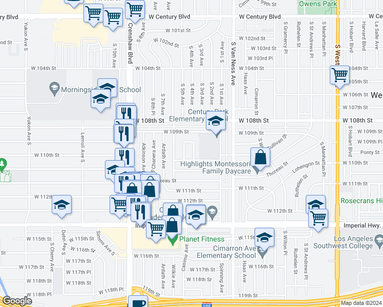 map of restaurants, bars, coffee shops, grocery stores, and more near 10950 Penney Avenue in Inglewood