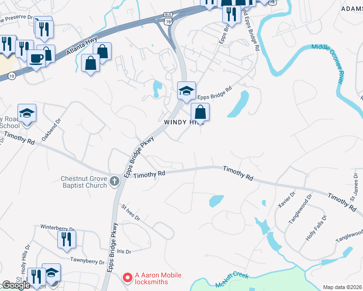 map of restaurants, bars, coffee shops, grocery stores, and more near 152 Windy Hill Place in Athens