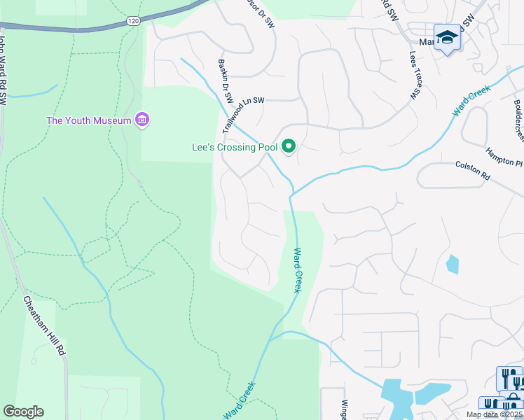 map of restaurants, bars, coffee shops, grocery stores, and more near 557 Basil Court Southwest in Marietta
