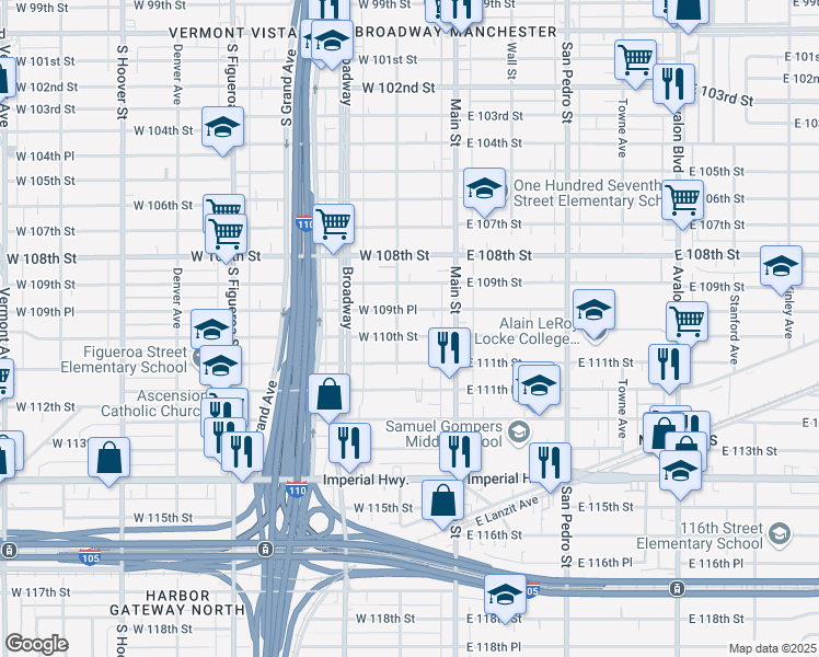 map of restaurants, bars, coffee shops, grocery stores, and more near 151 West 110th Street in Los Angeles