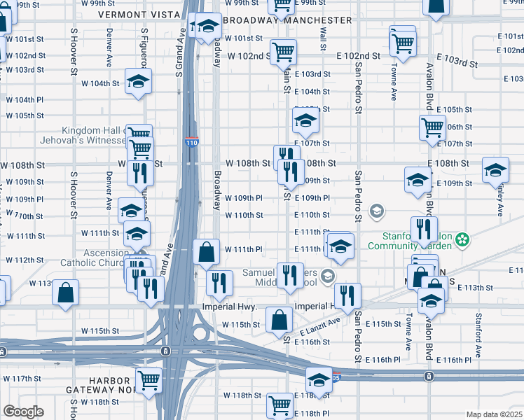 map of restaurants, bars, coffee shops, grocery stores, and more near 143 West 110th Street in Los Angeles