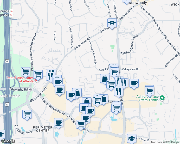 map of restaurants, bars, coffee shops, grocery stores, and more near 4715 Ridgeview Road in Dunwoody