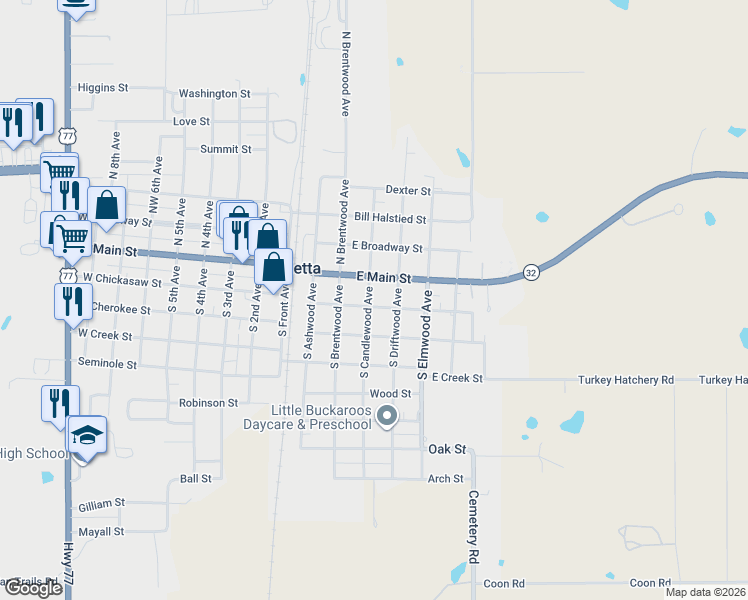 map of restaurants, bars, coffee shops, grocery stores, and more near 301 East Chickasaw Street in Marietta