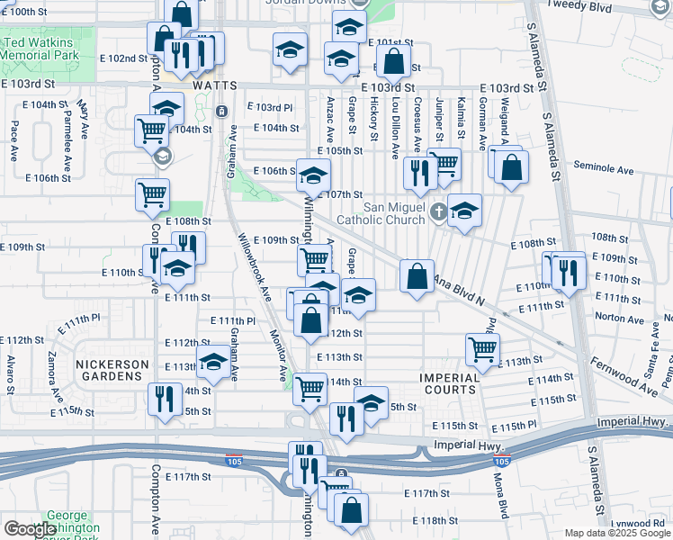 map of restaurants, bars, coffee shops, grocery stores, and more near 10958 Anzac Avenue in Los Angeles
