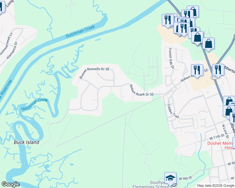 map of restaurants, bars, coffee shops, grocery stores, and more near 1001 Fairley Street Northeast in Southport
