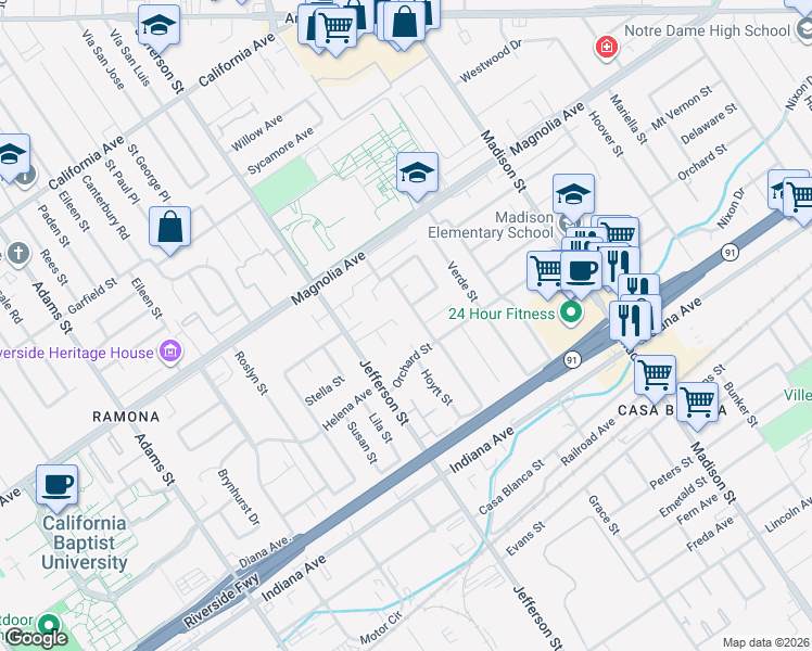 map of restaurants, bars, coffee shops, grocery stores, and more near 3628 Lillian Street in Riverside