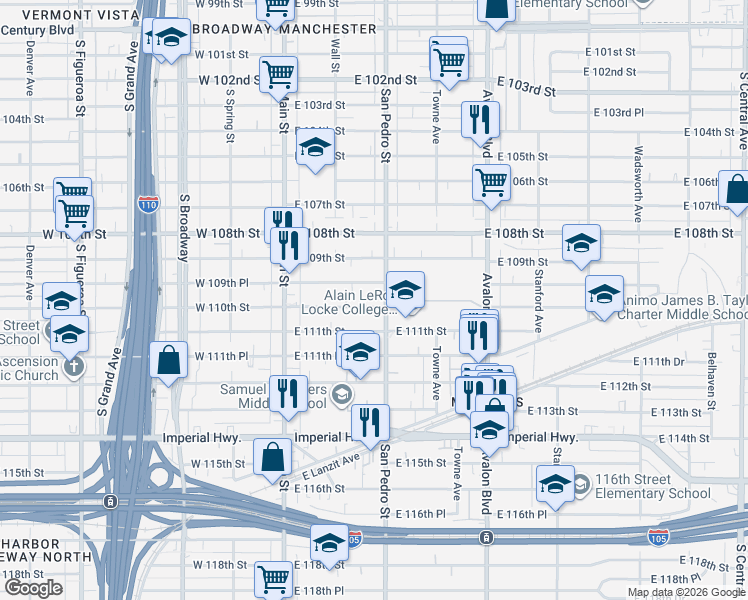 map of restaurants, bars, coffee shops, grocery stores, and more near 245 East 110th Street in Los Angeles