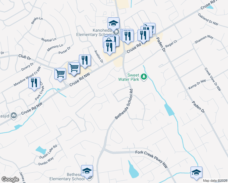 map of restaurants, bars, coffee shops, grocery stores, and more near 2675 Barkley Manor Lane in Lawrenceville