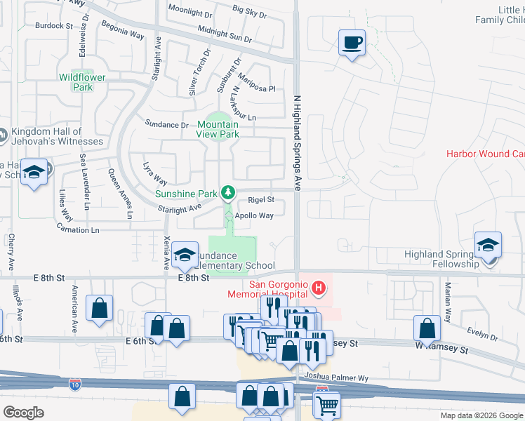 map of restaurants, bars, coffee shops, grocery stores, and more near 1652 Apollo Way in Beaumont