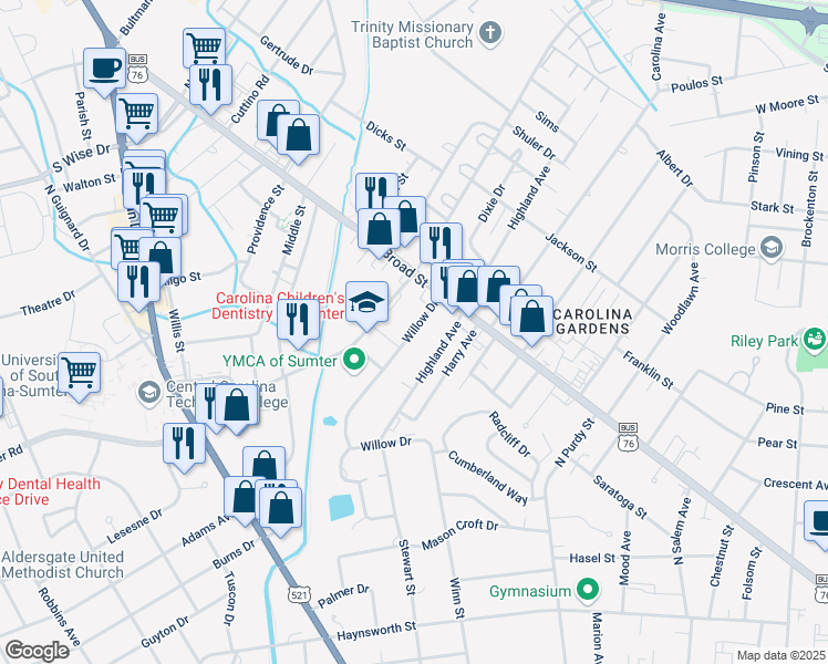 map of restaurants, bars, coffee shops, grocery stores, and more near 23a Willow Drive in Sumter