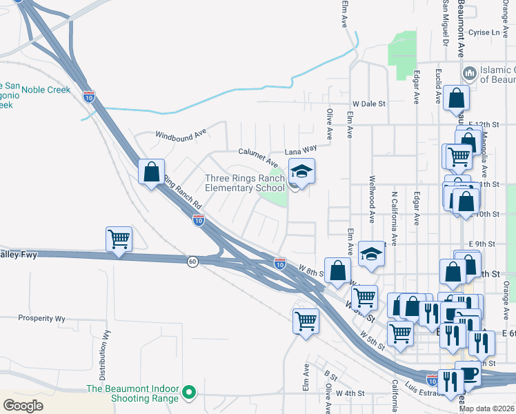 map of restaurants, bars, coffee shops, grocery stores, and more near 582 Fox Ridge Road in Beaumont