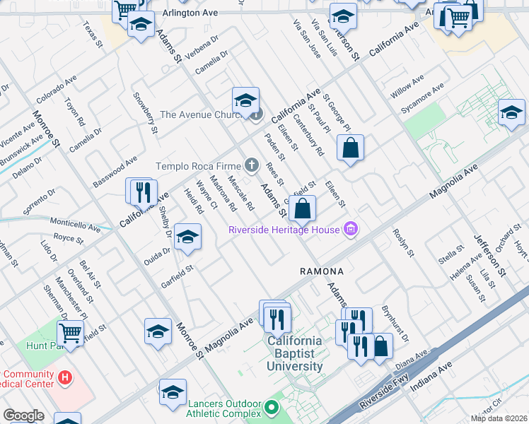 map of restaurants, bars, coffee shops, grocery stores, and more near 8341 Garfield Street in Riverside