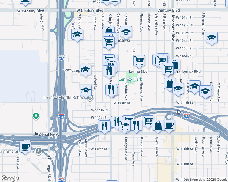 map of restaurants, bars, coffee shops, grocery stores, and more near 11000 South Inglewood Avenue in Inglewood